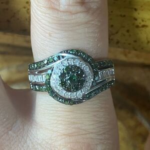 Natural Green Diamond White Diamond Sterling Silver Ring Size 8